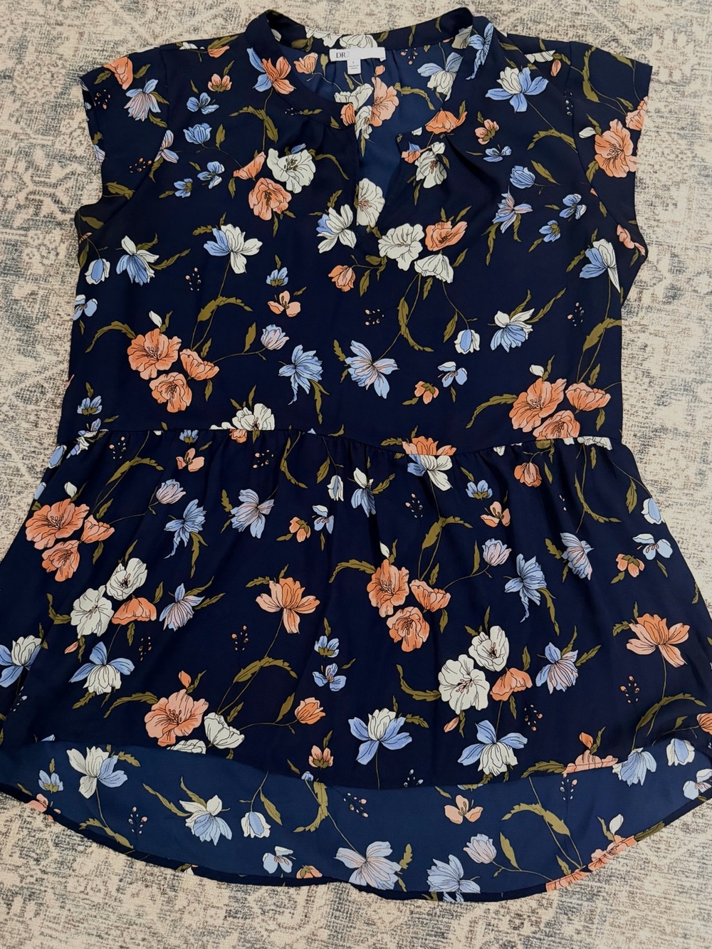 DR2 Navy Floral Blouse with Pink and White Blooms